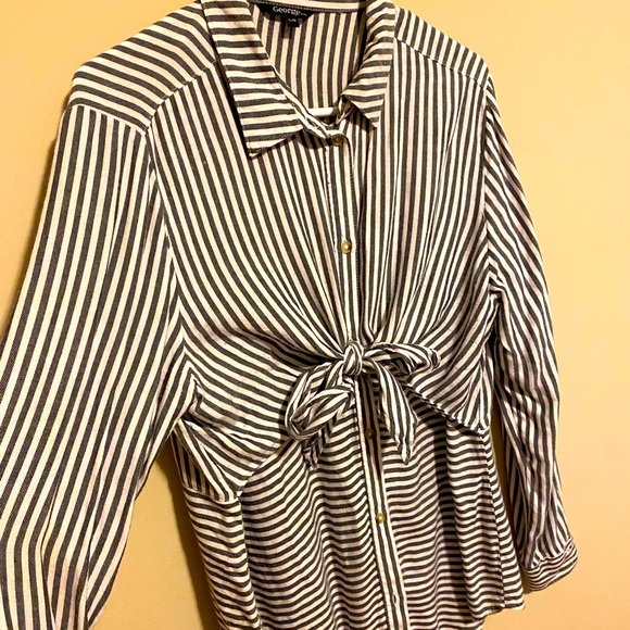 Navy Blue and White Striped Tie Up Shirt - Picture 2 of 4